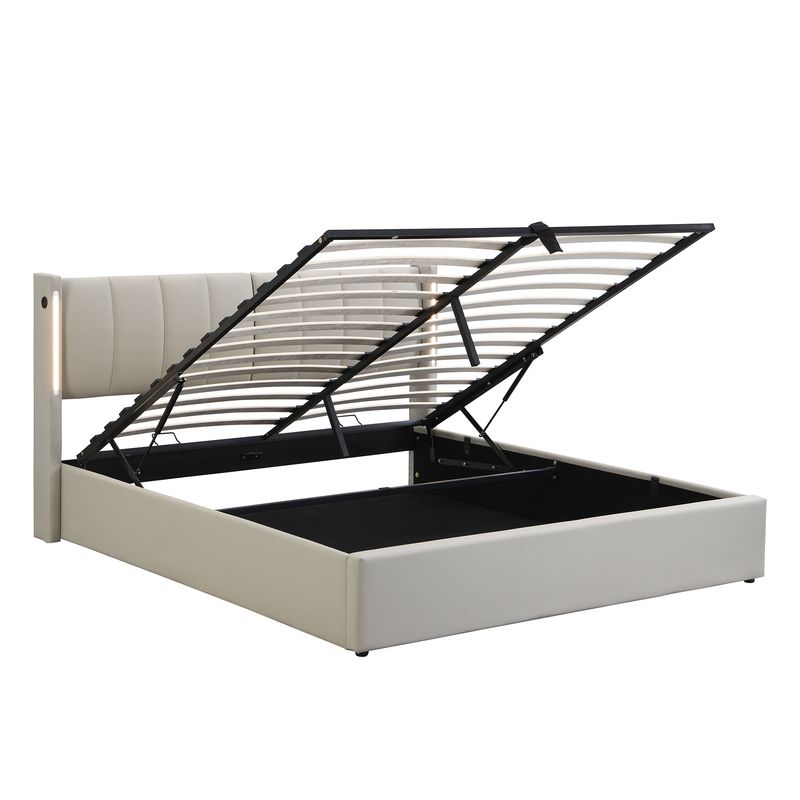Lit rembourré LED binaural 160 x 200 cm, lit coffre hydraulique avec tête de lit réglable, port USB rechargeable, éclairage LED, cuir synthétique, gris_voghion.com