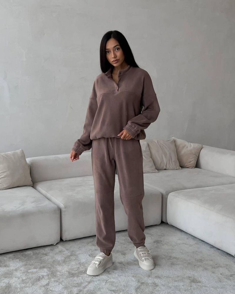 Ensemble deux pièces en polaire pour femme, sweat à capuche et pantalon de survêtement, couleur unie, décontracté, coupe ample, sans capuche, 2025_voghion.com