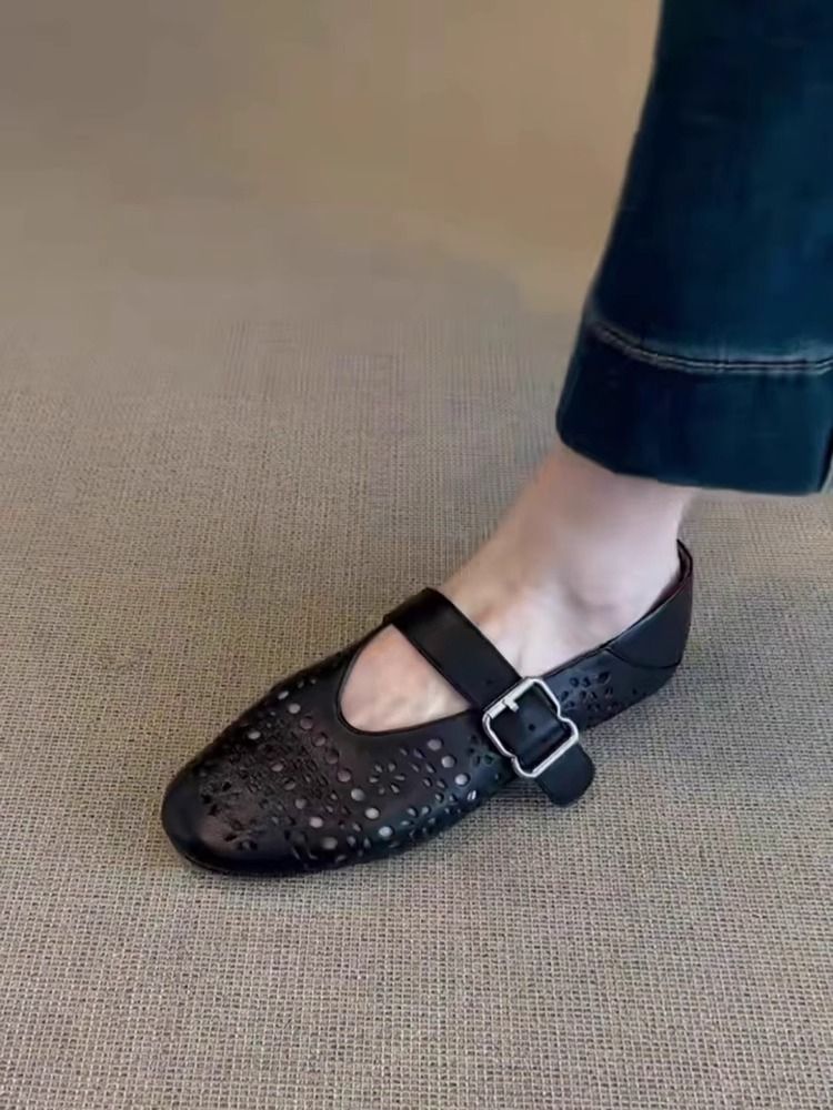 Lan Cabinet Edition ~ Ultra Soft Leather Hollow Strap Mary Jane Shoes Flat Breathable Shallow Ballet Flats_voghion.com