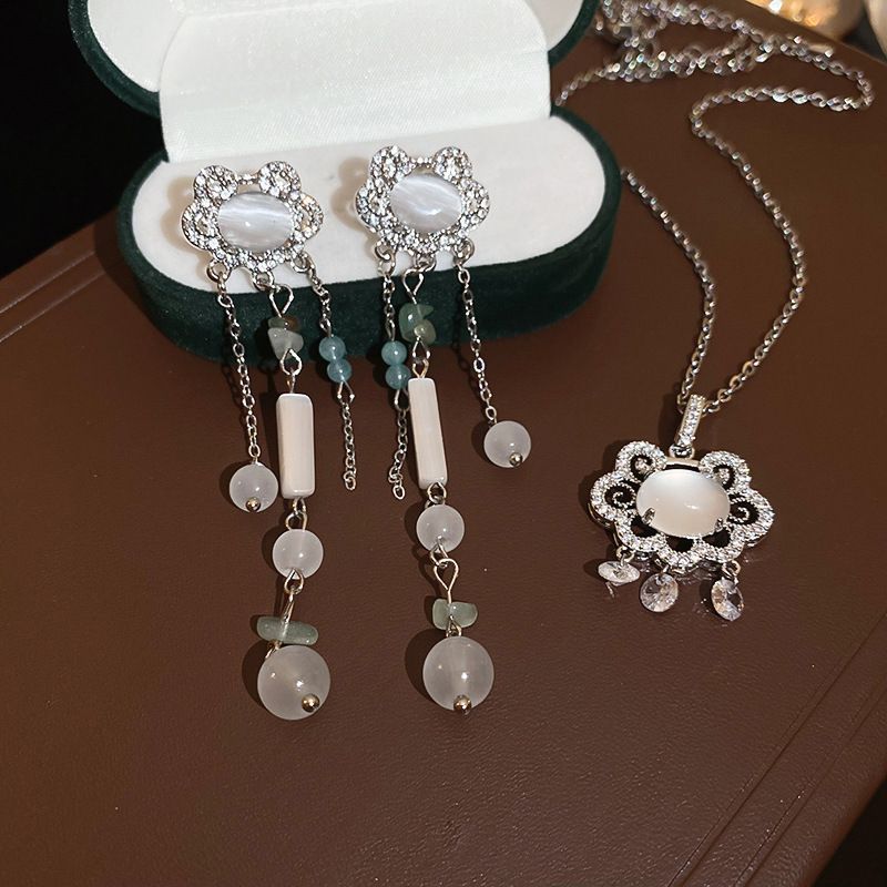 New Chinese Style Zircon Safety Lock Necklace Earring Set, Niche, High-end, Versatile, Collarbone Chain, Fashionable,_voghion.com