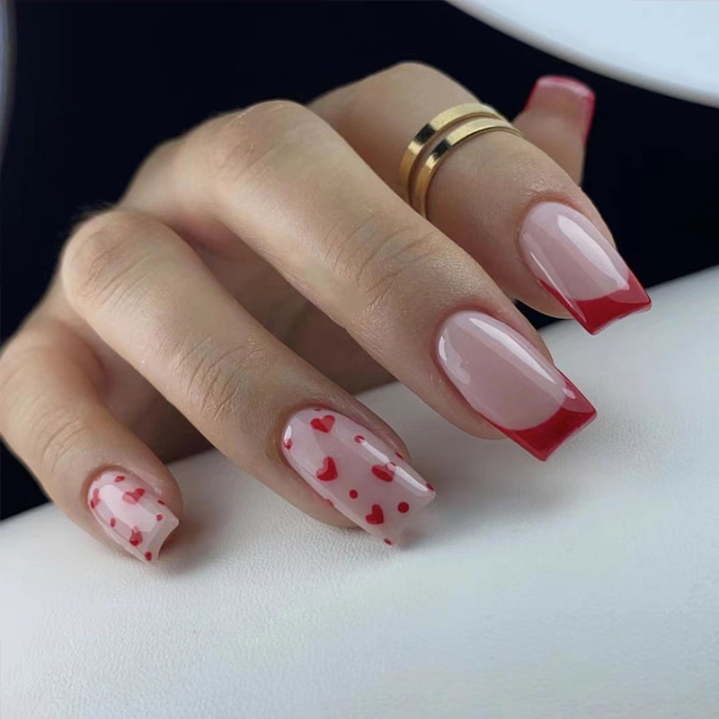 24Pcs Day Valentine's False Nails With Glue Wearable Coffin Fake Nails With Love Pattern Design French Full Co_voghion.com