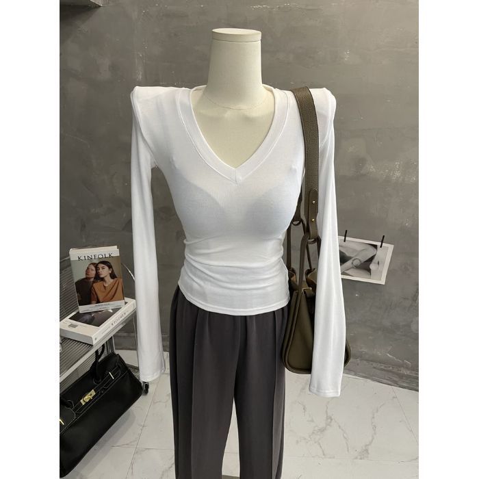 Maglietta a maniche lunghe con scollo a V, morbida e sexy, per donna, sottile e leggermente trasparente_voghion.com