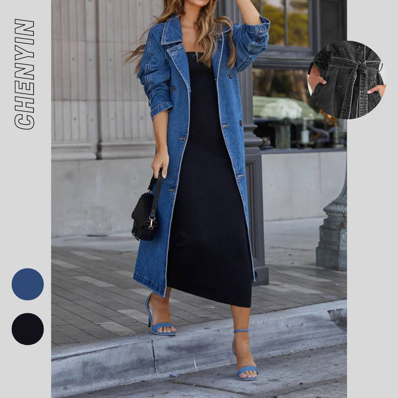 Dammekleeder Windjacke aus Denim, Kotteng, eenfaarweg, duebeltaschen, laange Knäppercher, lockere Mantel_voghion.com