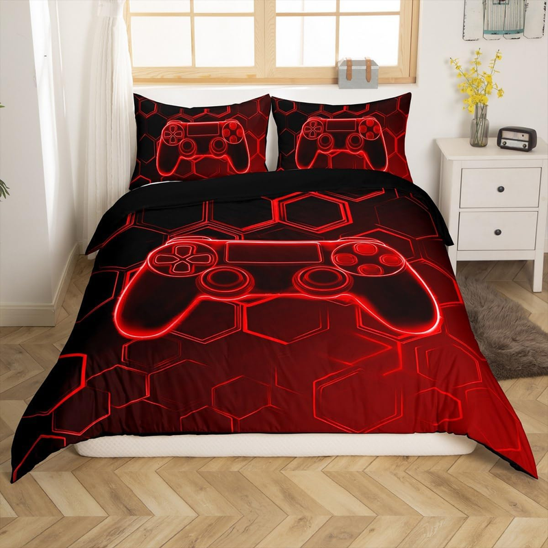 Juego de funda nórdica para juegos, tamaño cuna para niños, adolescentes, dormitorio, juego de cama con diseño geométrico de panal rojo, funda de edredón hexagonal para juegos con 2 fundas de almohada._voghion.com
