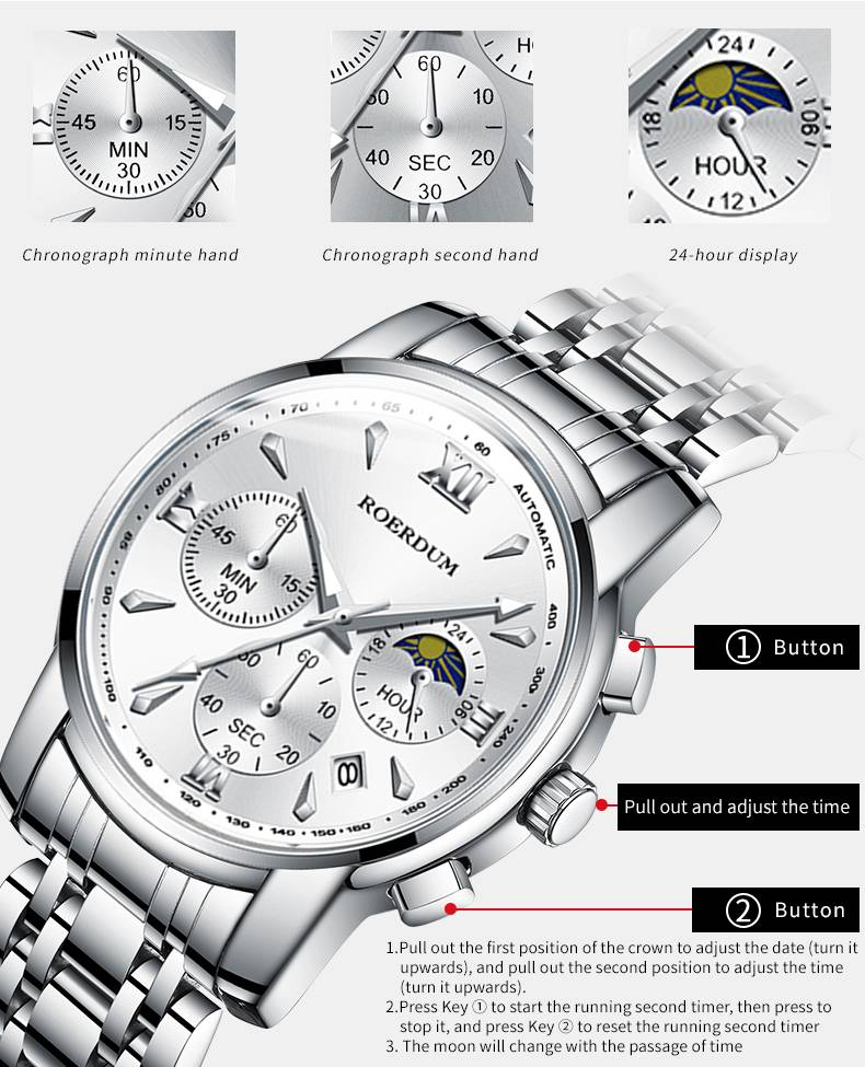 ROERDUM Cool Play Series - Quartz Movement, Stainless Steel Bracelet, Silver Dial, Casual & Stylish Men's Watch_voghion.com