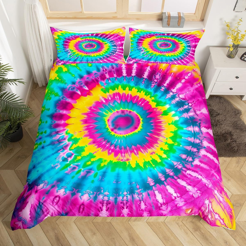 Copripiumino a spirale geometrica, copripiumino tie-dye neon per lettino, set da letto con motivo astratto, set da letto esotico bohémien con 2 federe, arredamento per la camera da letto_voghion.com