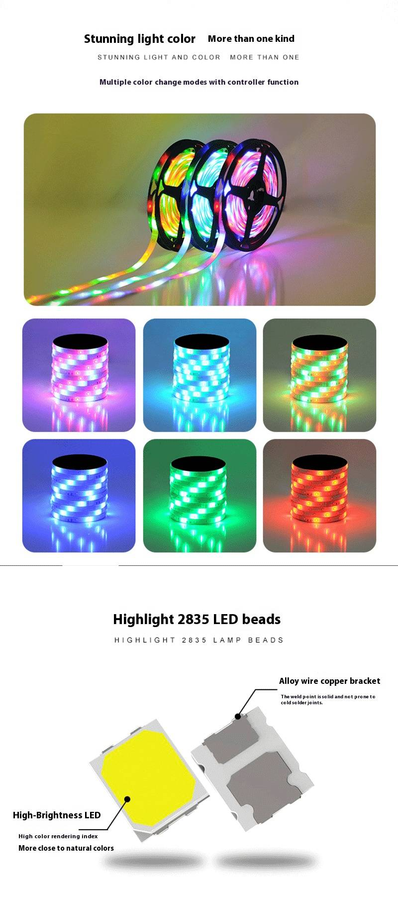 Tira de luces LED RGB con control remoto de 24 teclas y batería - Tiras de luces de 5 V 2835/5050 que cambian de color para retroiluminación de TV, ambientación y decoración de interiores_voghion.com