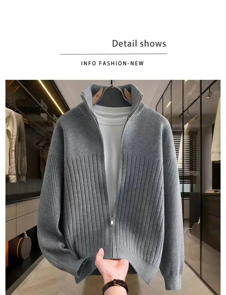 Men's Knit Cardigan Sweater With Stand Collar & Zipper - Solid & Striped Casual Pullover For Autumn & Winter_voghion.com