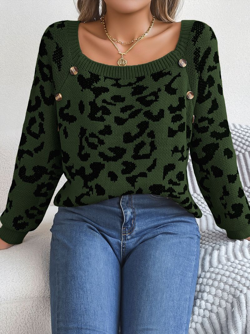 Maglione a maniche lunghe con stampa leopardata, a contrasto, con scollo quadrato, bottoni, casual, autunno e inverno 2024, abbigliamento da donna_voghion.com