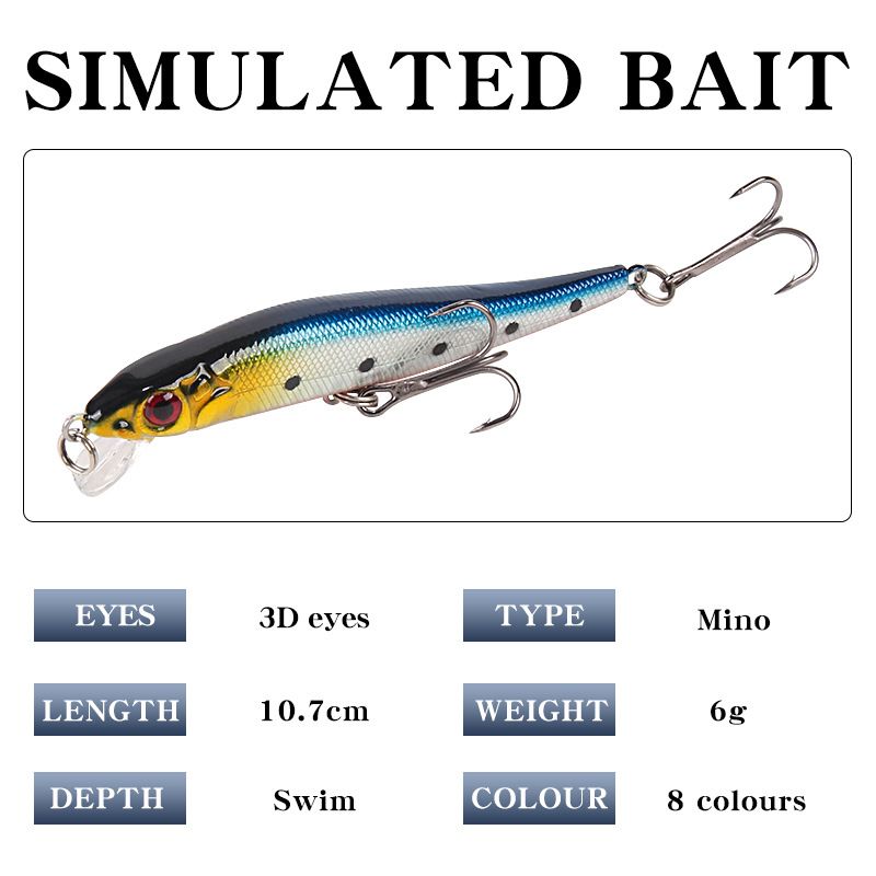 Esca galleggiante classica da 8 colori, 10,7 cm, 6 g, con perline ad anello + tre ganci potenziati per attaccare l'esca di simulazione del branzino_voghion.com