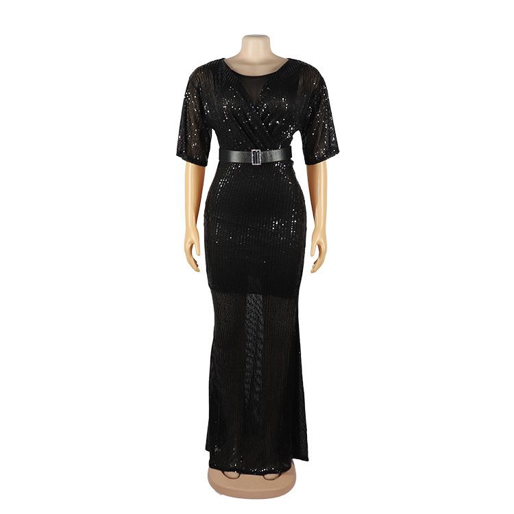 Women's Clothing Elegant Temperament Women's Dress High Elastic Sequins V Neck_voghion.com