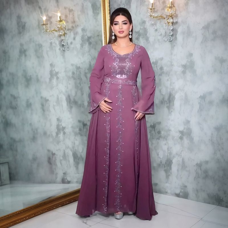 Elegantes Langarm-Maxikleid mit Strassverzierung, schlichtes muslimisches Abendkleid für Damen, A-Linien-Abendkleid in Übergröße (Grün/Violett/Schwarz)_voghion.com