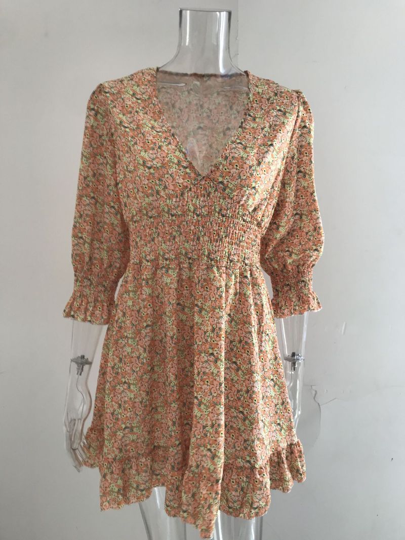 Damenbekleidung Mittellanges Kleid mit Taillenpullover, böhmisches, bedrucktes, kurzärmliges, fragmentiertes Blumenkleid_voghion.com