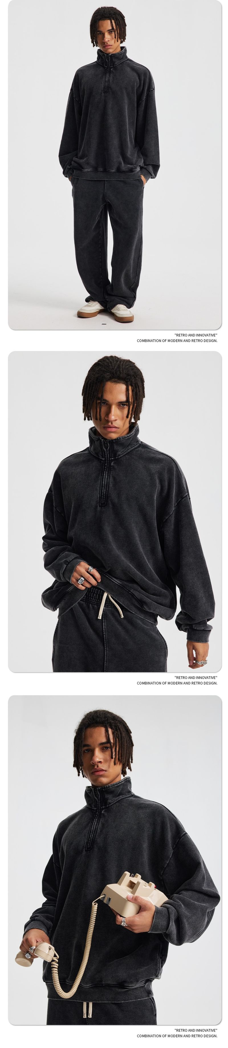 001 2025 Autumn Winter New Vintage Retro Terry Stand Collar Half-Zip Set Loose Trendy Brand Washed Sweatshirt Pants_voghion.com