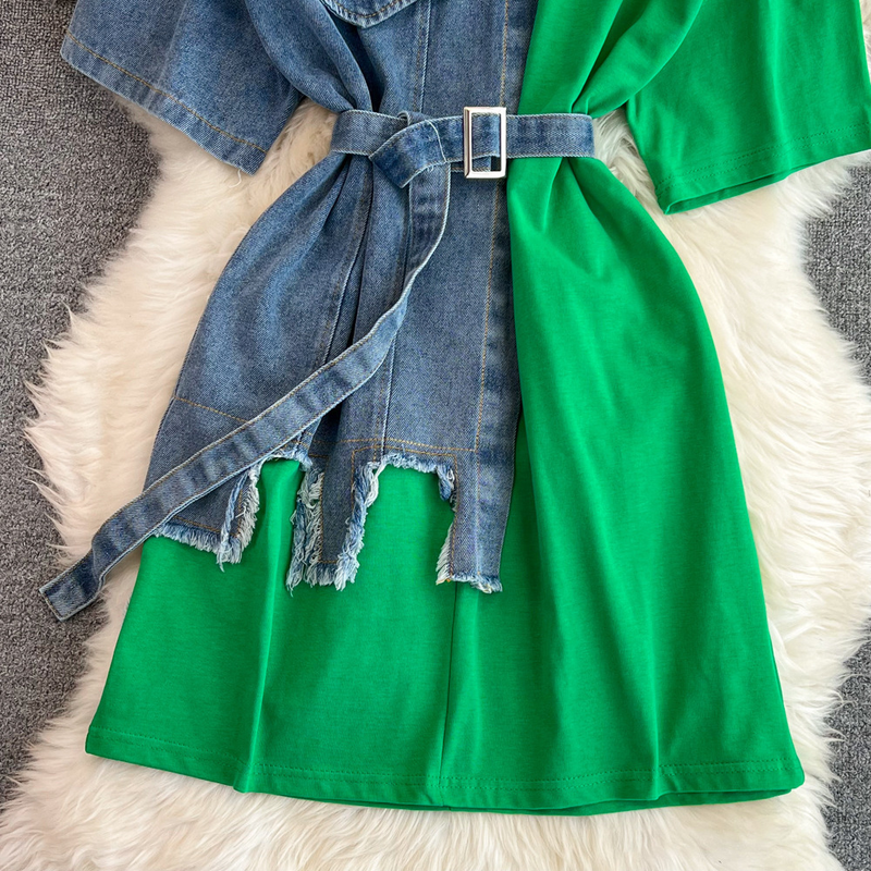 Taille Tailliert Rundhals Color Block Jeanshemd Chic Casual Mittellang_voghion.com