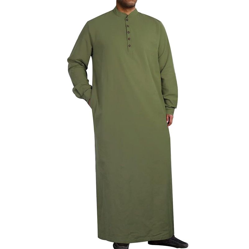 Men's Clothing Simple Cotton And Linen Long Men's Stand Collar Button Muslim Robe With Pockets_voghion.com