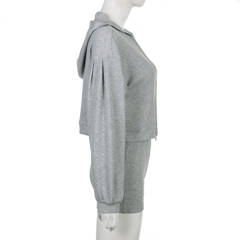 Women's Clothing Solid color knitted zipper hooded cardigan sweatshirt V neck triangle cup bra high waisted tight shorts casual three piece set_voghion.com