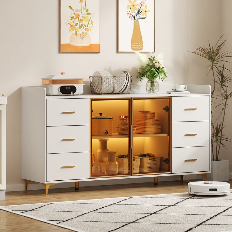 Küchenschrank Weiß 160x87cm, 6 Schubladen, Glastüren, LED-Beleuchtung, Goldgriffe_voghion.com