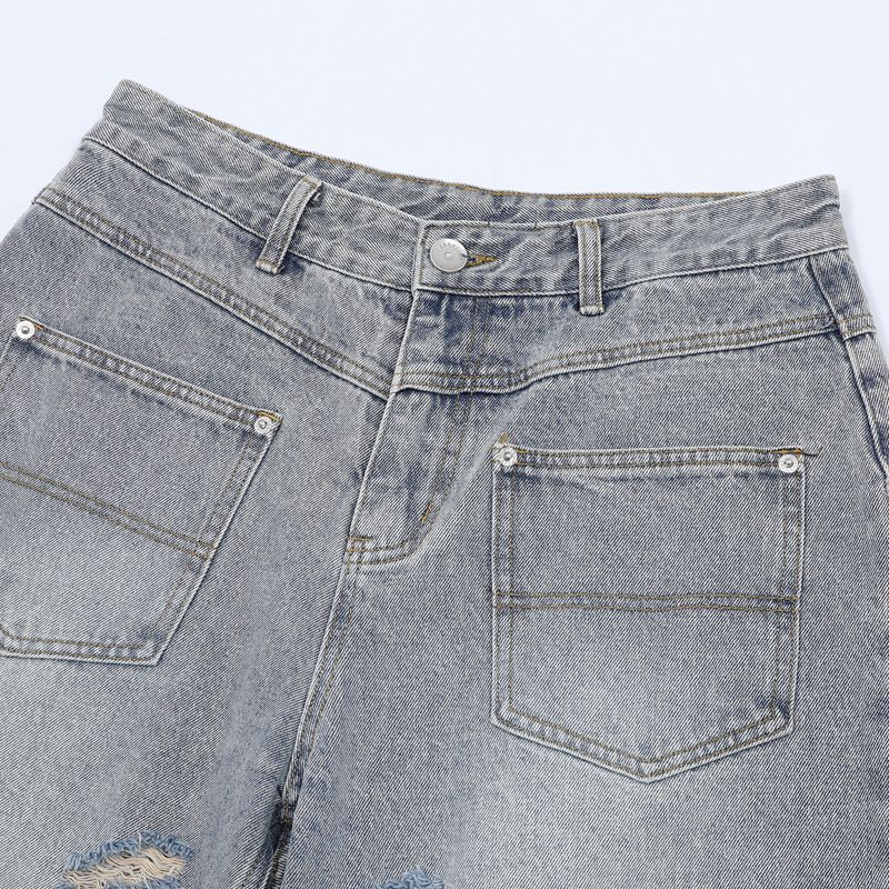 Herrenbekleidung Retro Raw Edge Distressed Ripped Denim Reißverschlussjeans Trendy Loose Casual Vielseitige Arbeitskleidung Männer und Frauen Anzüge_voghion.com