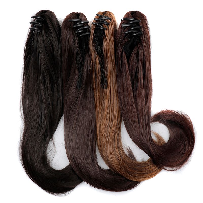 Perückenzopf, glattes Haar, mittellanger Stil, natürlicher flauschiger Innenknopf, leicht gelockte Perücke, Pferdeschwanz, Pferdeschwanzperücke, kleiner Greifclip für Damen_voghion.com