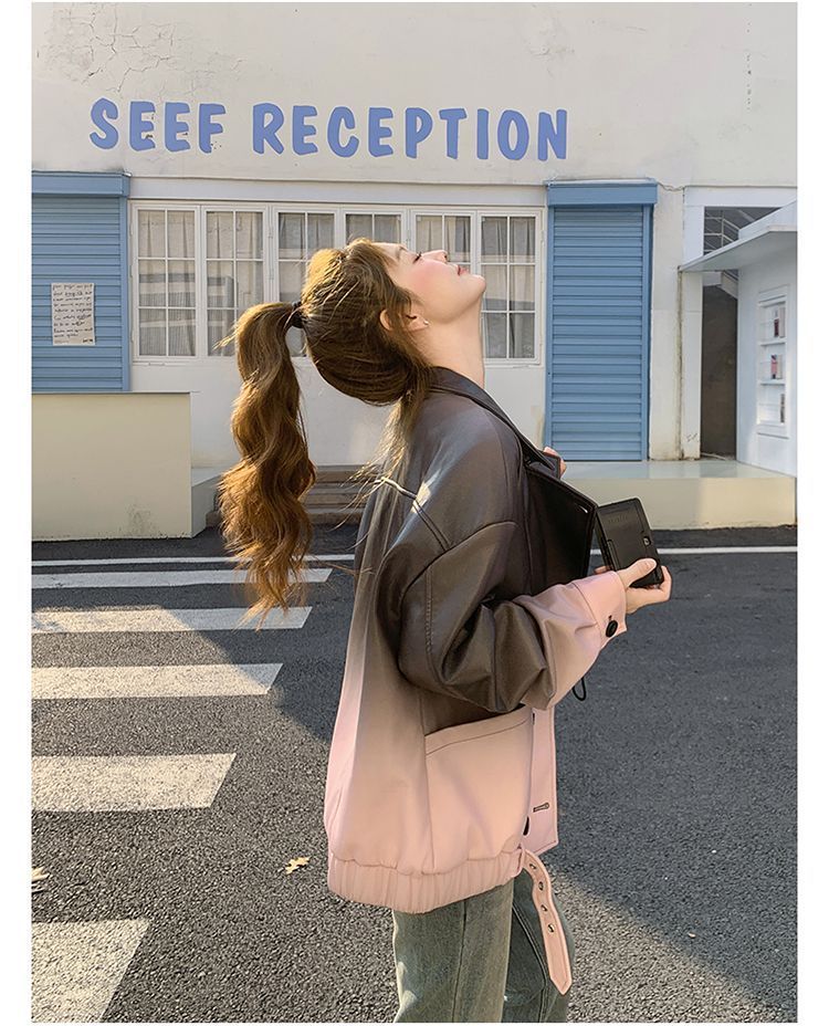 Giacca in pelle PU alla moda in stile coreano, taglia piccola, primavera 2025, grigio sfumato rosa per donna_voghion.com