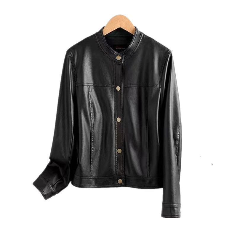 Veste Haining pour femme, style coréen, version courte, petite taille, col montant, veste de moto en cuir, printemps 2025_voghion.com