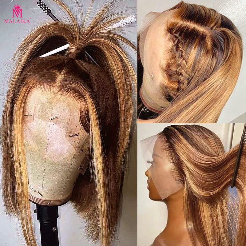 Pelucas delanteras de encaje 13x4 cabello humano 4/27 Color rubio miel peluca Frontal de encaje recto cabello humano para mujeres_voghion.com