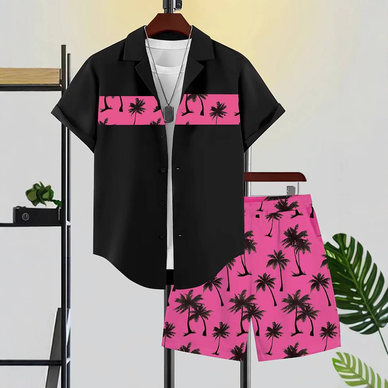 Sommerliches, lässiges Strandurlaubs-Set für Herren mit bedruckten Hemden, kurzen Ärmeln und Shorts im Strandstil_voghion.com