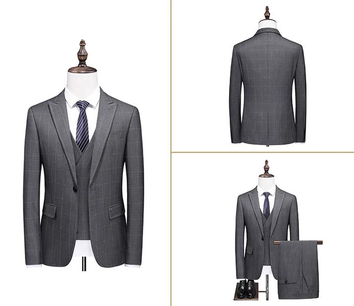 Men's Casual European And American Business Checkered Versatile Suit, Groom, Best Man, Host, Banquet Three-piece Suit + Waistcoat + Long Pants_voghion.com