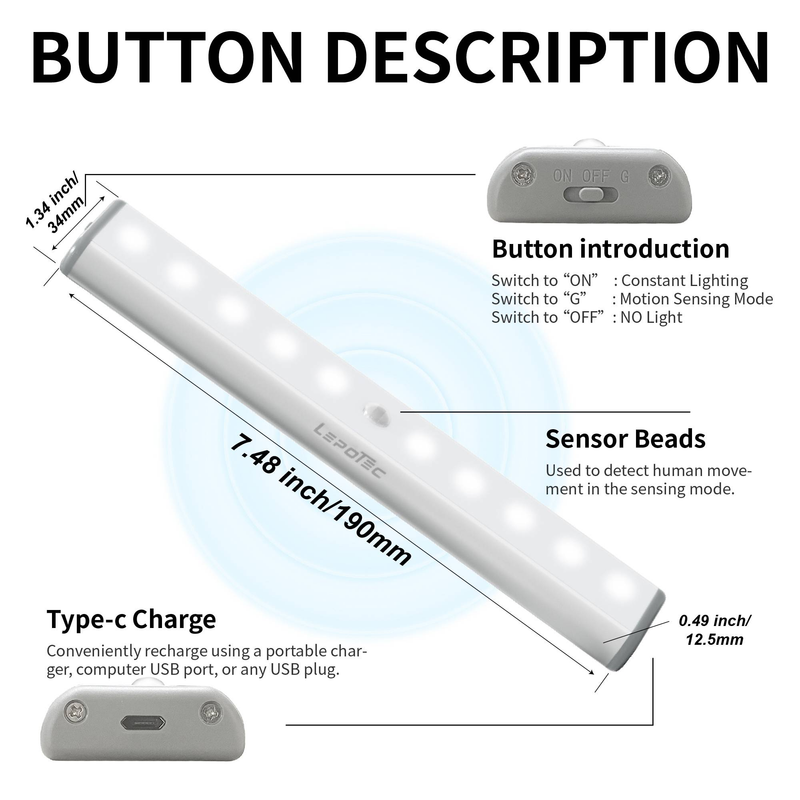 Lampe de placard à détecteur de mouvement 7,48 pouces, 10 LED blanc chaud, rechargeable sans fil (lot de 3)_voghion.com