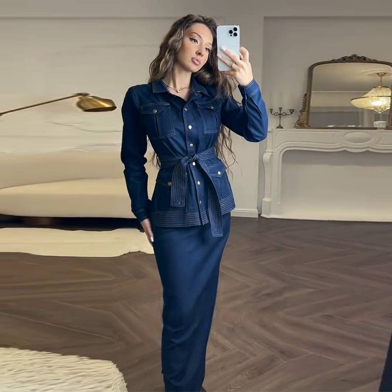 Abito elegante in denim con cintura e abbottonatura a maniche lunghe, da donna, colore blu, XS-XXXL, per ufficio e abbigliamento casual_voghion.com