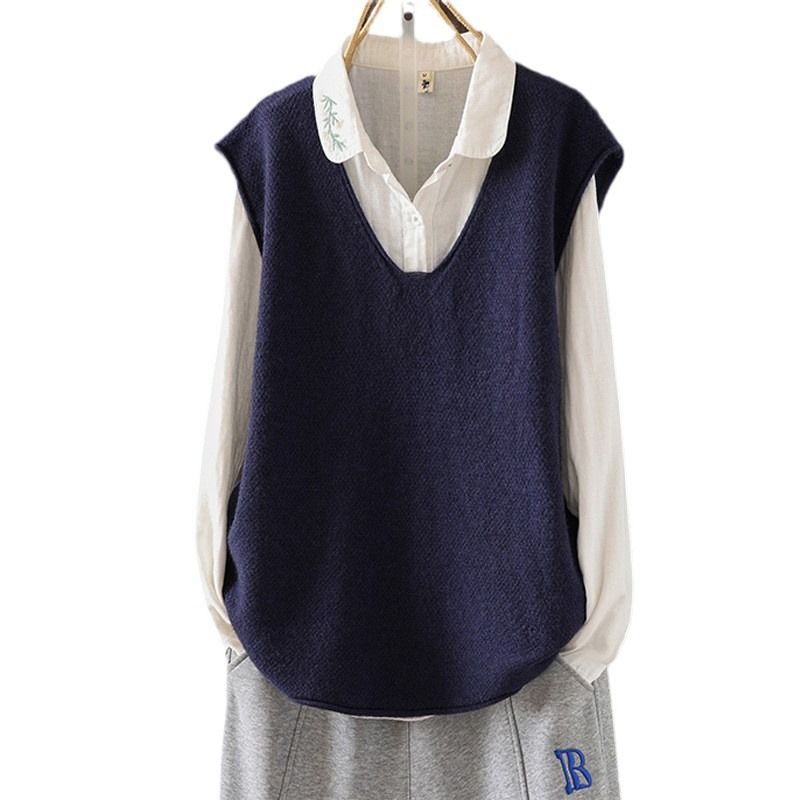 "Damen-Pulloverweste aus grobem Strick – Lockeres Winter-Schichtteil mit V-Ausschnitt (Senfgelb/Grau/Marineblau/Weiß)"_voghion.com