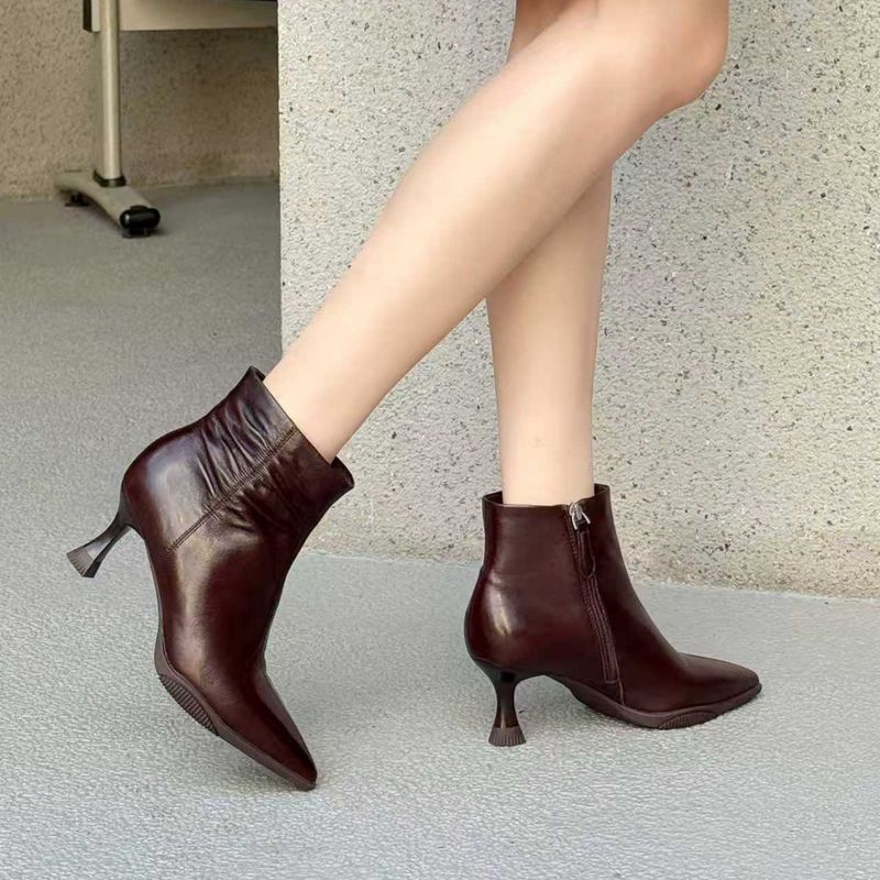 Cameido Women's Pointed Toe Thin Heel High Heel Short Boots Leather Fashion Boots Slim Boots For Autumn_voghion.com