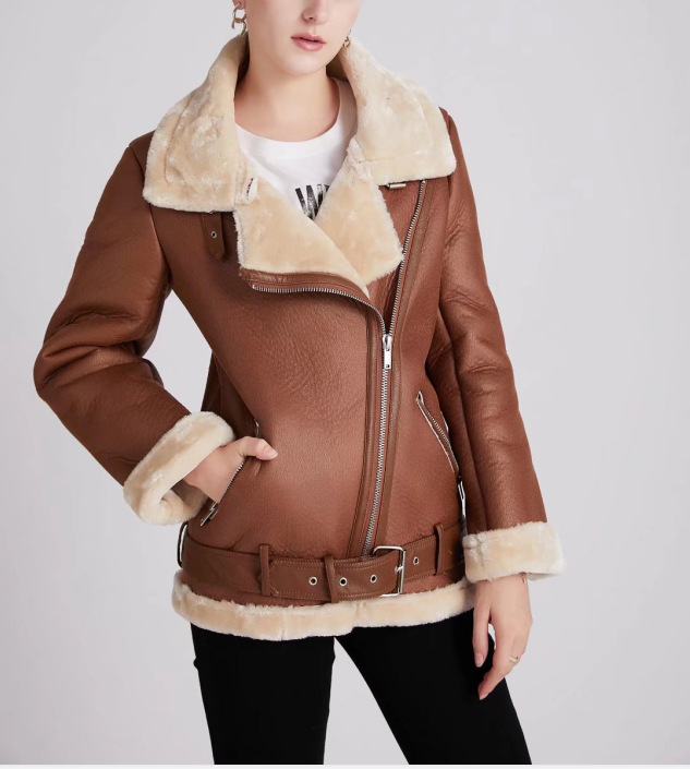 Damenmode dreifarbiger langer Ledermantel mit lockerer Taille_voghion.com
