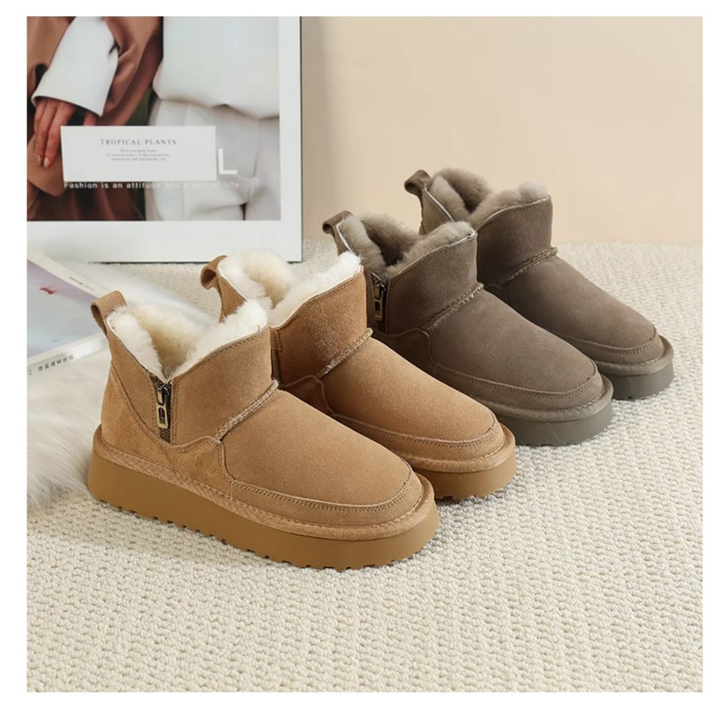 Nordeste com sola grossa de neve com zíper para botas curtas femininas com pele integrada, pelúcia de lã e espessada_voghion.com