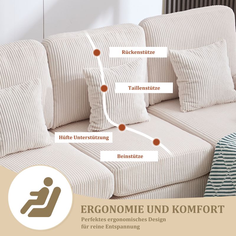 Canapé moderne en U avec éclairage d'ambiance LED, port USB-C, structure en bois massif, 4 coussins luxueux, dossier ergonomique haut de gamme, beige pour un confort optimal._voghion.com