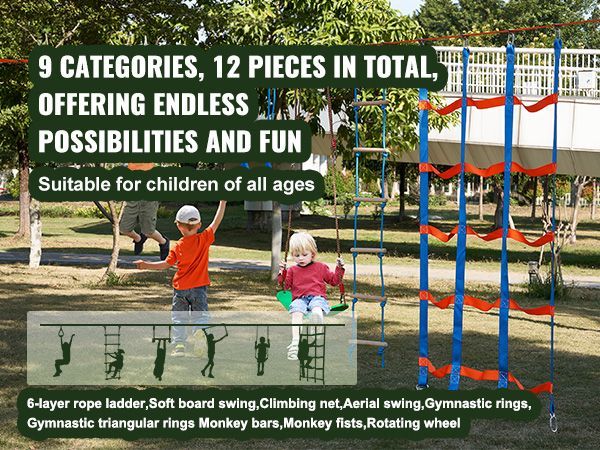 VEVOR Ninja Warrior Obstacle Course For Kids, 2 X 50 Ft Weatherproof Slacklines, 500lbs Weight Capacity Monkey Line, Outdoor Playset Equipment, Backyard Toys Training Equipment Set With 12 Obstacles_voghion.com