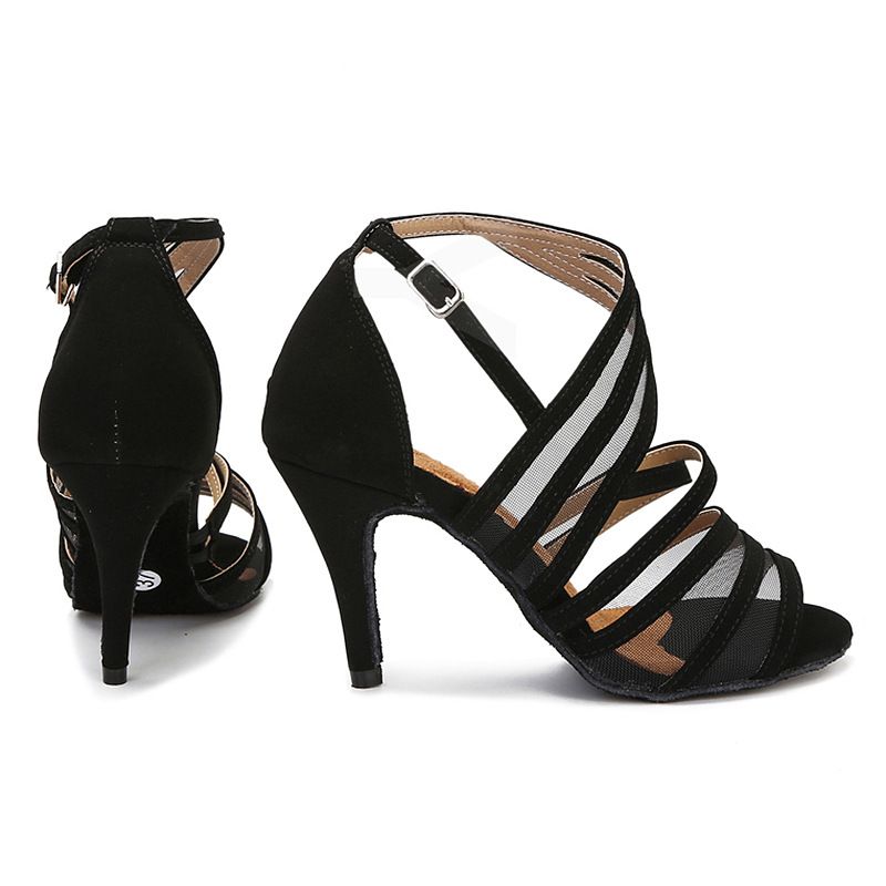Black Latin Shoes For Adult Women, Summer Sandals, Mesh Breathable Slim High Heels, Soft Soles Dance Shoes, Rumba_voghion.com