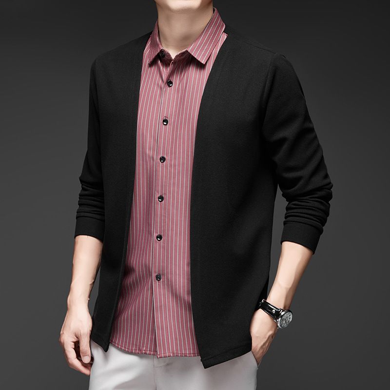 CT Hemdkragen Herbst Neue Mode Herren Langarm Zweiteiliges Set Mittleren Alters Freizeitjacke Strickjacke Männer_voghion.com