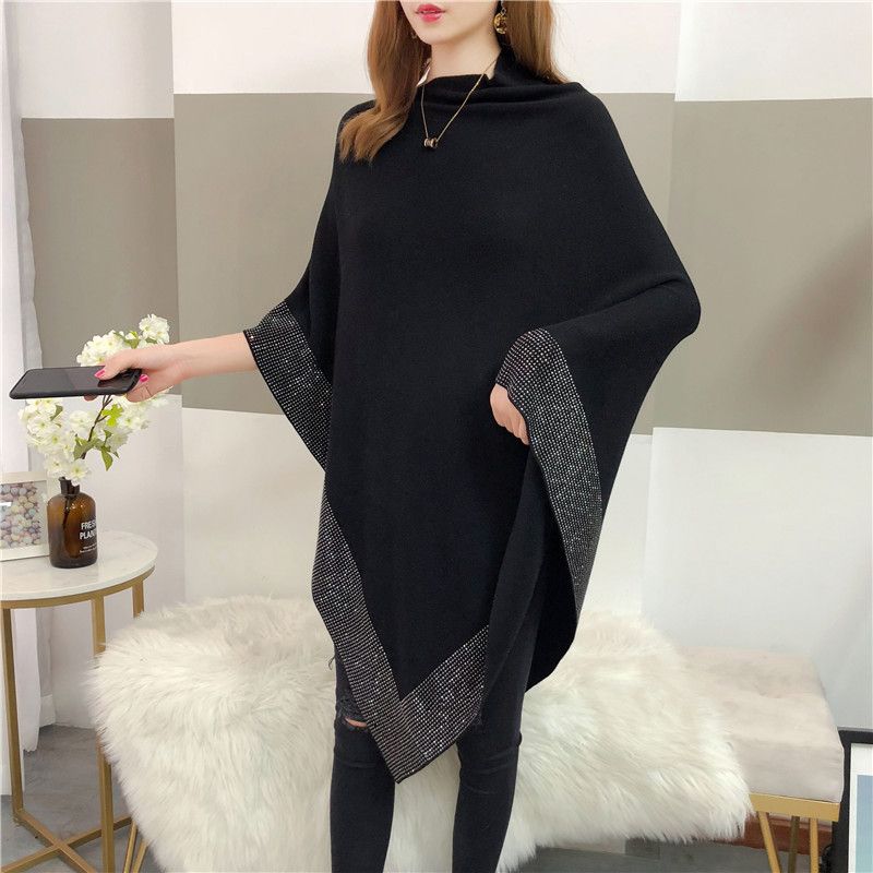 Pure Color 2025 Herbst und Winter Neuer Schal Fledermausärmel Strickpullover mit Strasssteinen Schwarze Jacke mit hohem Kragen und unregelmäßiger Form_voghion.com