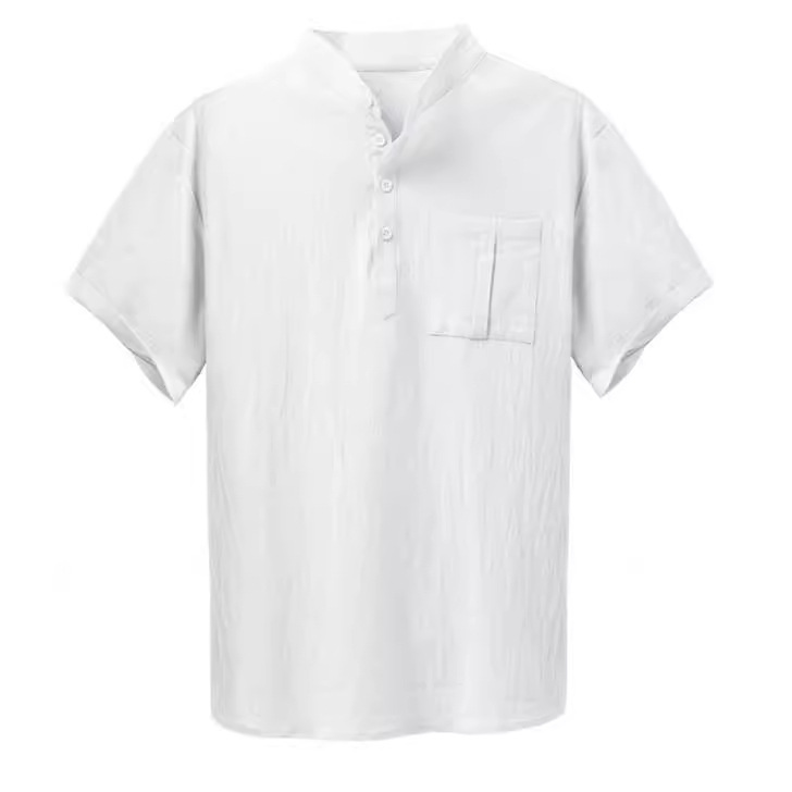 Europäisches und amerikanisches kurzärmliges, einfarbiges, lässiges Pullover-Stehkragenhemd aus Baumwolle für Herren_voghion.com