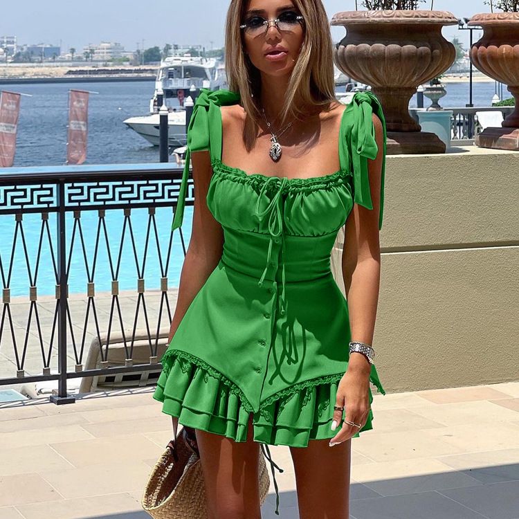 Abito estivo da donna, nuovo stile, tinta unita, sexy, con gonna corta arricciata, aderente, con bretelle e cuciture._voghion.com