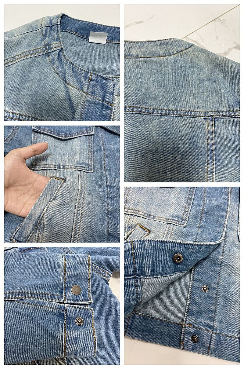 Damenbekleidung Kurze Langarm Retro Arbeitskleidung Multi Pocket Jeansjacke Damen_voghion.com