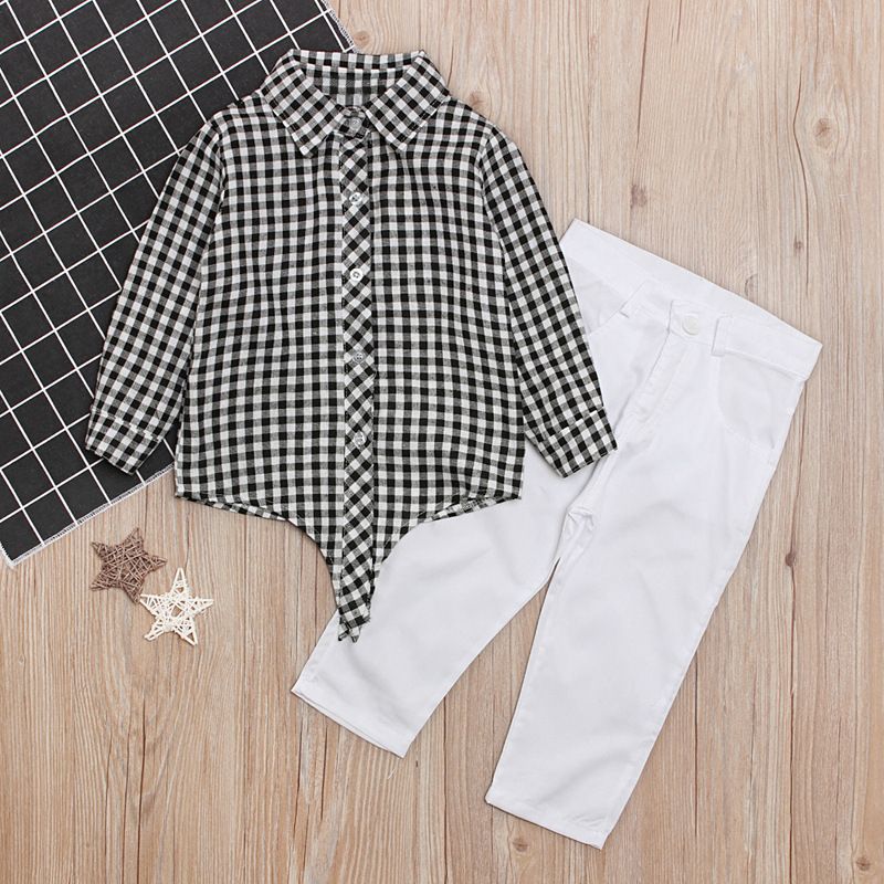 Babykleidung Kinder und Mädchen langärmeliges kariertes Hemd + weiße Hose zweiteiliges Kinderoutfit Instagram_voghion.com