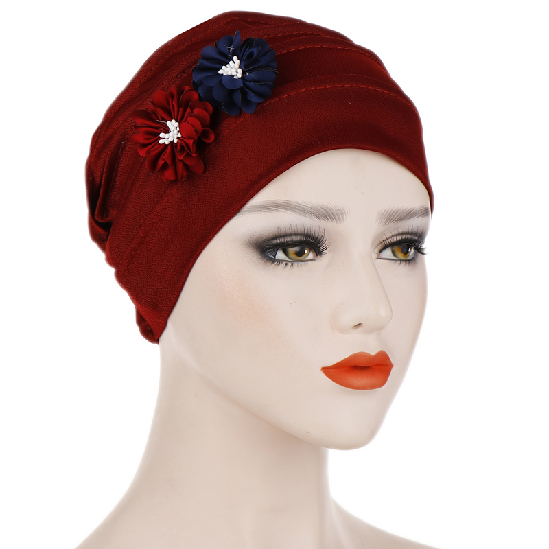 multi-color messy hexagonal hat with two small flowers on the side Muslim headscarf hat_voghion.com