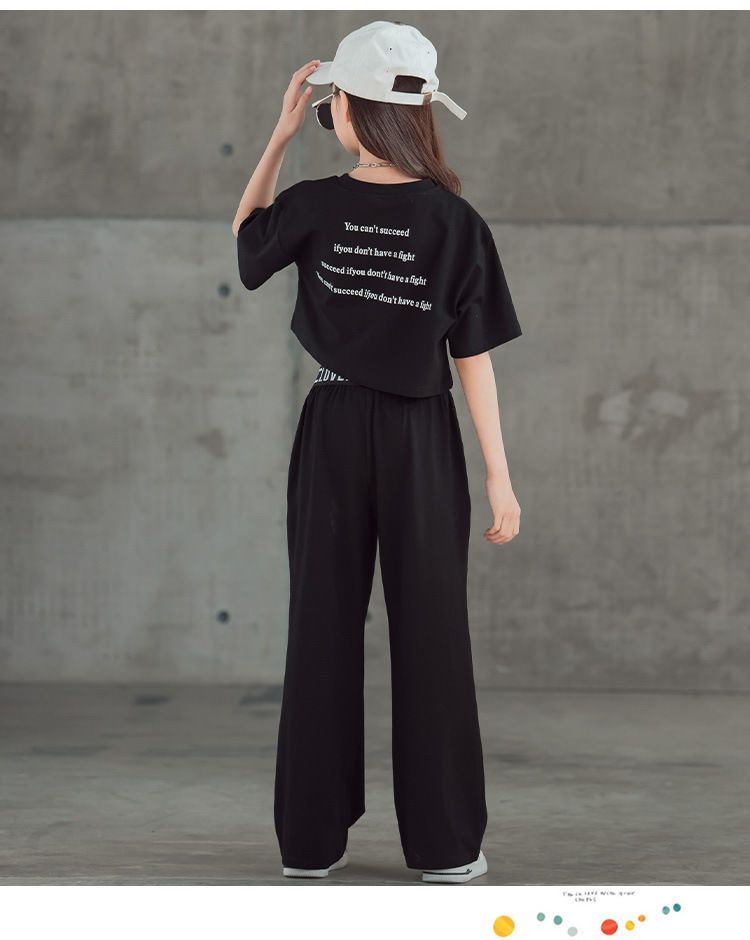 Girls' 2023 summer new item, Zhongda stylish Korean version, children's short sleeved top, wide leg pants two-piece set_voghion.com