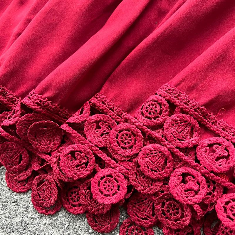 French Retro Heavy Hollow Lace Splicing Lantern Sleeve Short Shirt High Waist Big Swing Skirt Autumn Suit_voghion.com