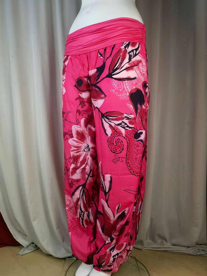 Plus Size Boho Pants, Women's Plus Floral Print Ruched Low Waist Loose Comfy Harem Pants_voghion.com