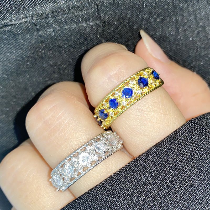 Versa French Western Region Lace Set Women's Blue Spinal Crystal High Carbon Diamond INS Couple Opening Ring_voghion.com
