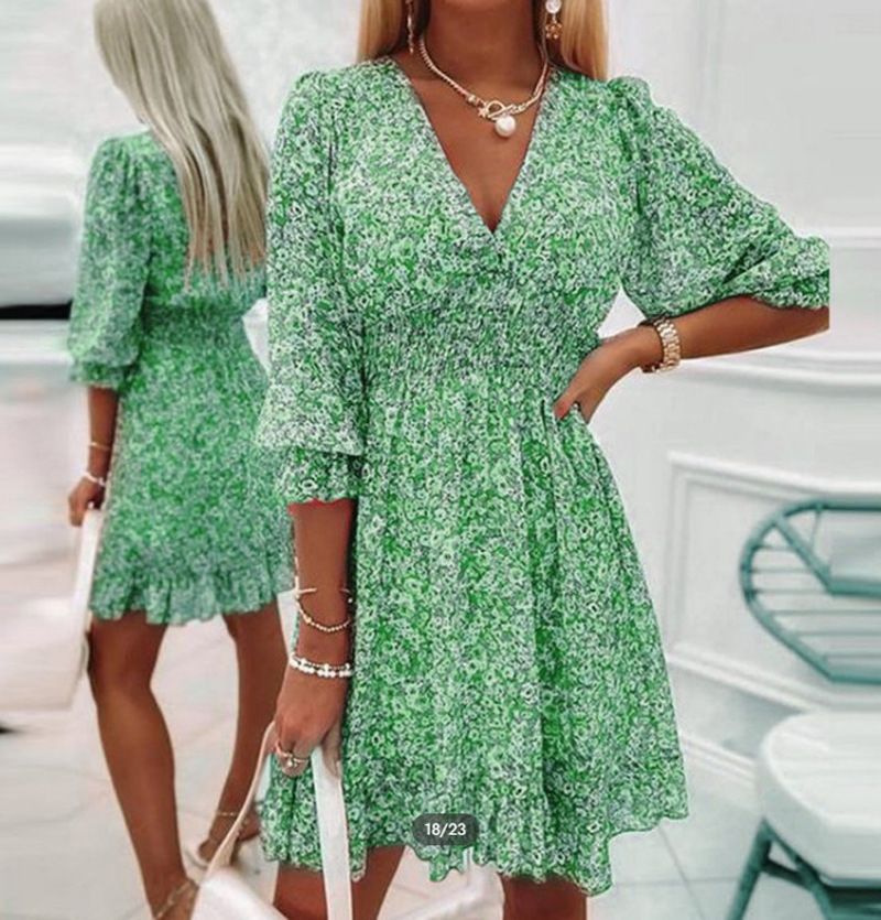 Damenbekleidung Mittellanges Kleid mit Taillenpullover, böhmisches, bedrucktes, kurzärmliges, fragmentiertes Blumenkleid_voghion.com